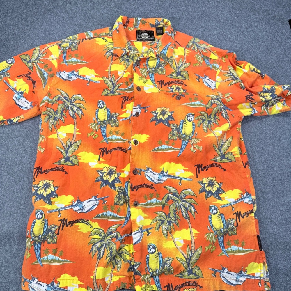 Jimmy Buffett Margaritaville Mens XL Orange Tropical Parrot Seaplane Shirt